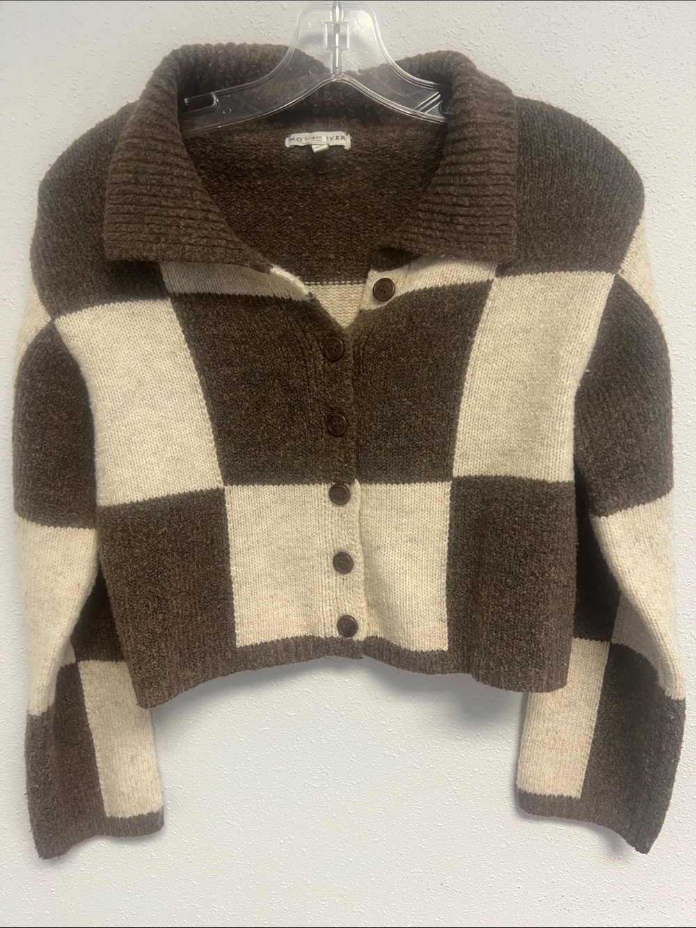 Moon River Brown and Cream Checkerboard Cropped Cardigan
